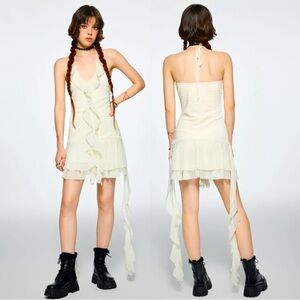 MICAS 🔹 Halter-back Cascading Ruffles Mini Ivory Dress - Size L